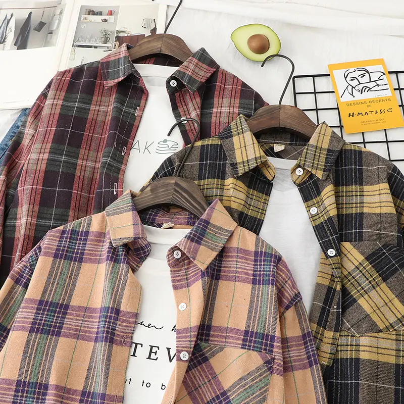 Women Plaid Long Sleeve Shirt Brown Brown - Image 8