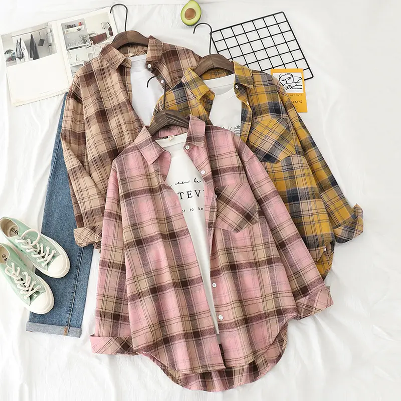 Women Plaid Long Sleeve Shirt Brown Brown - Image 9