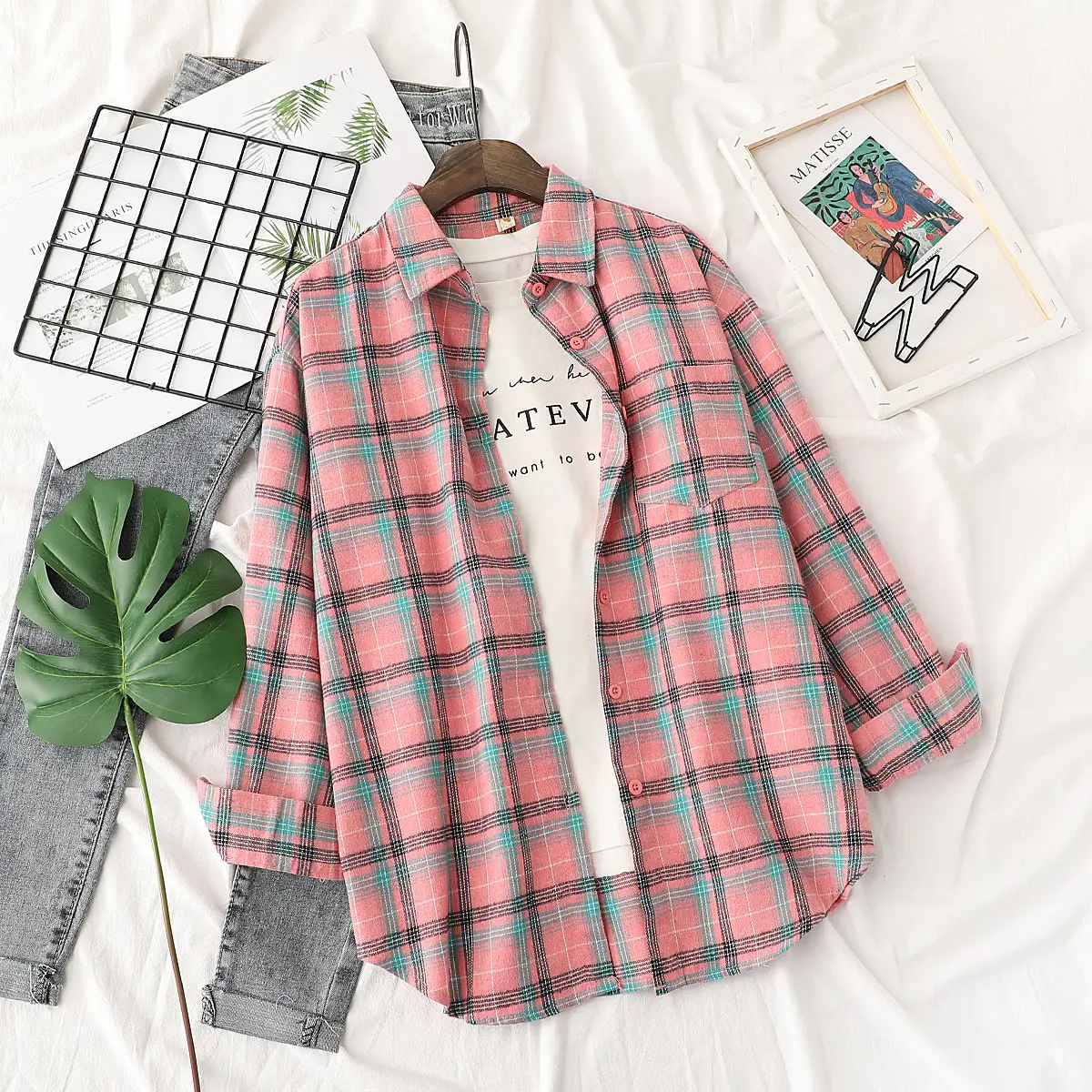 Women Plaid Long Sleeve Shirt Brown Brown - Image 2