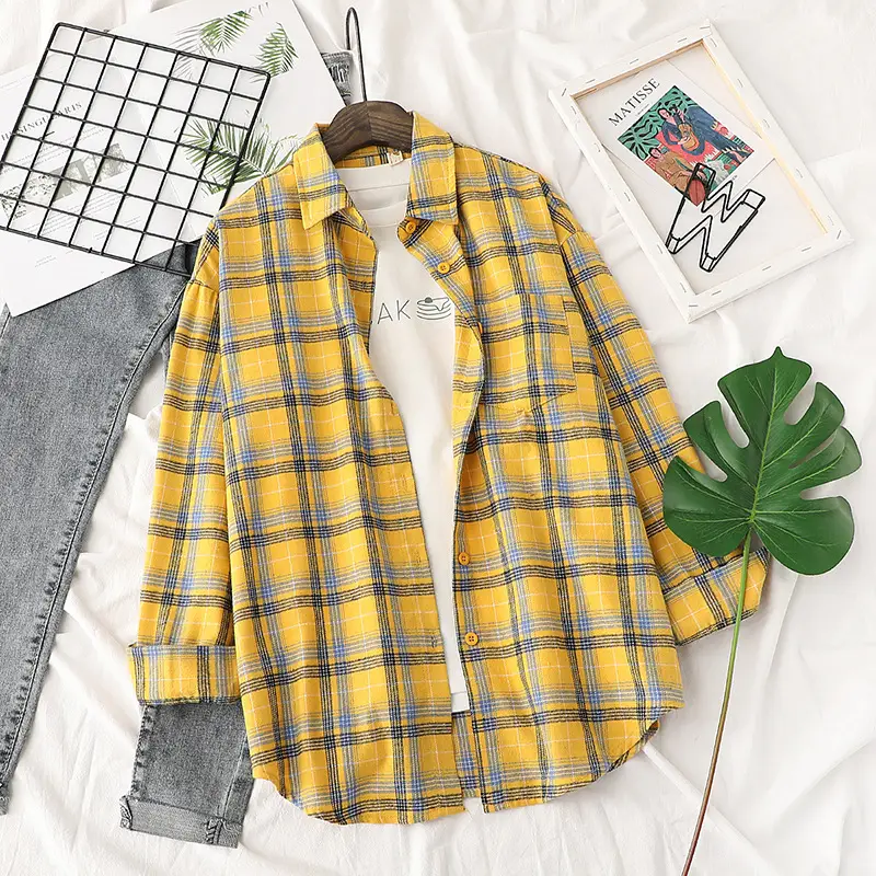 Women Plaid Long Sleeve Shirt Brown Brown - Image 3