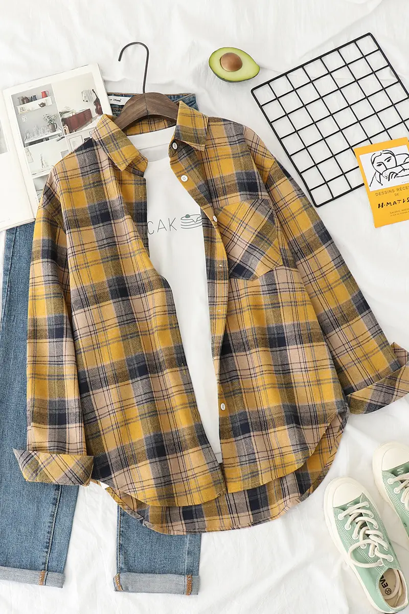 Women Plaid Long Sleeve Shirt Brown Brown - Image 4