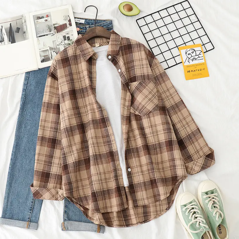 Women Plaid Long Sleeve Shirt Brown Brown - Image 5
