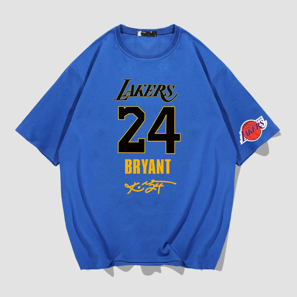 Men Women Blue Lakers 24 Bryant Short Sleeve T-Shirt - Image 5
