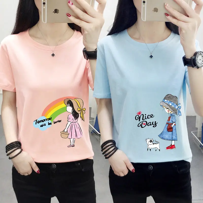 Women Pink Cute Dog Print T-Shirt Loose Large - Image 42