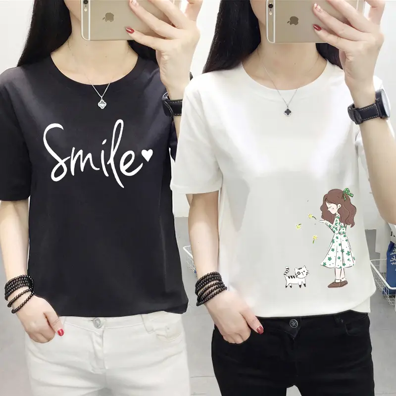 Women Pink Cute Dog Print T-Shirt Loose Large - Image 43