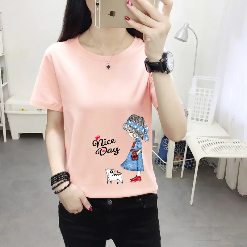 Women Pink Cute Dog Print T-Shirt Loose Large - Image 17