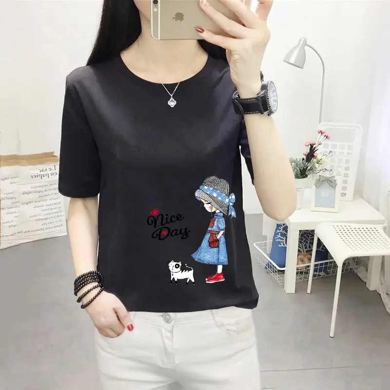 Women Pink Cute Dog Print T-Shirt Loose Large - Image 18