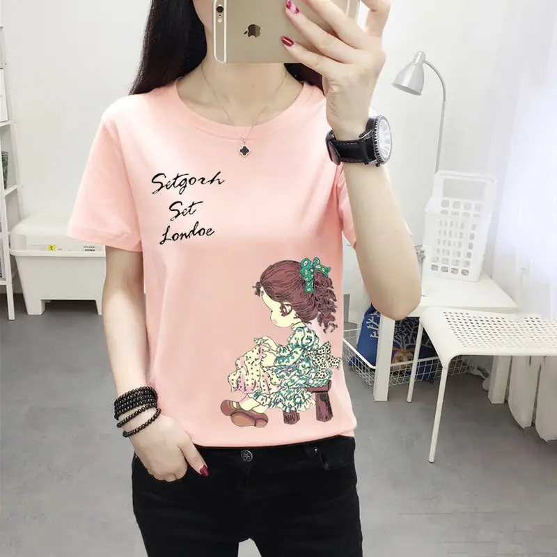 Women Pink Cute Dog Print T-Shirt Loose Large - Image 2