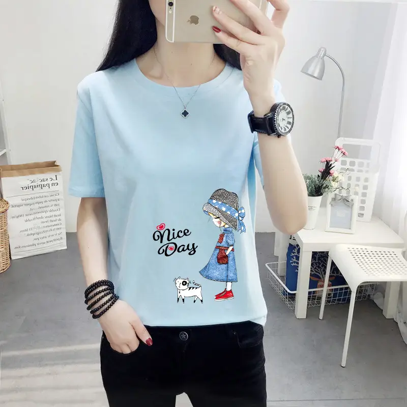Women Pink Cute Dog Print T-Shirt Loose Large - Image 20