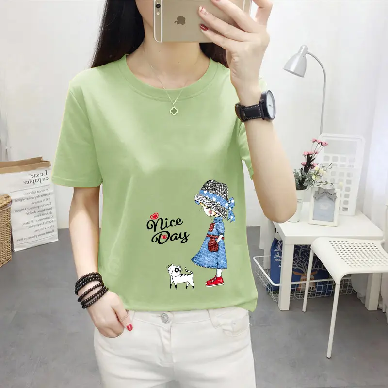 Women Pink Cute Dog Print T-Shirt Loose Large - Image 21