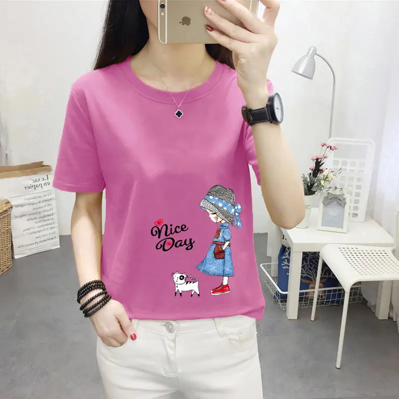 Women Pink Cute Dog Print T-Shirt Loose Large - Image 22