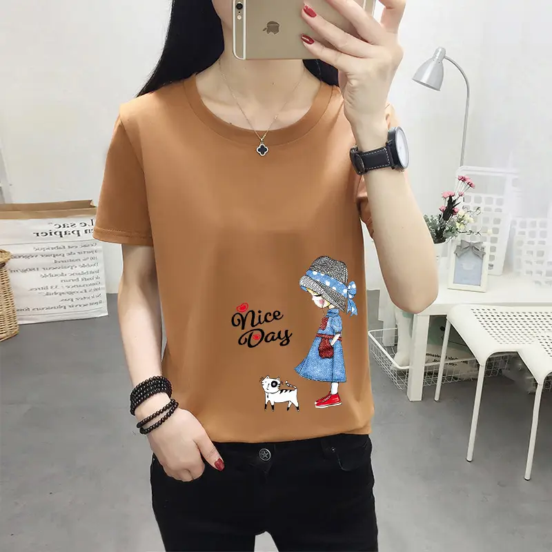 Women Pink Cute Dog Print T-Shirt Loose Large - Image 23