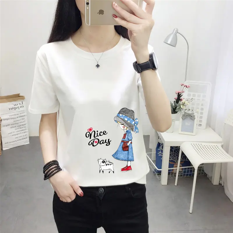Women Pink Cute Dog Print T-Shirt Loose Large - Image 24