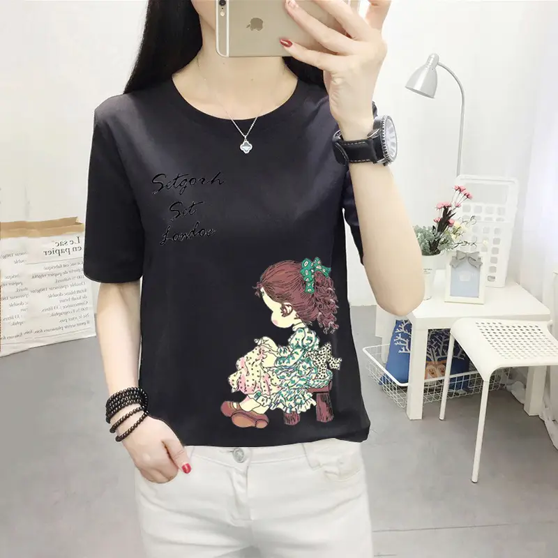 Women Pink Cute Dog Print T-Shirt Loose Large - Image 3