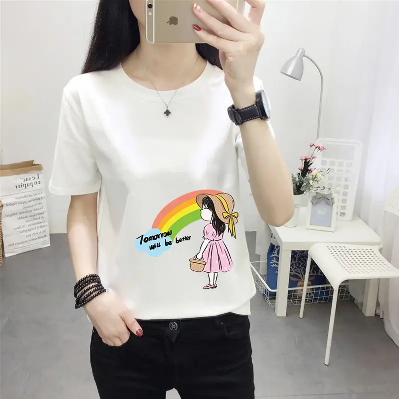 Women Pink Cute Dog Print T-Shirt Loose Large - Image 33
