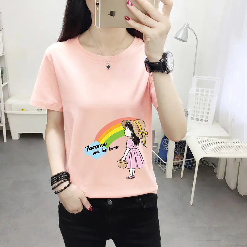 Women Pink Cute Dog Print T-Shirt Loose Large - Image 34