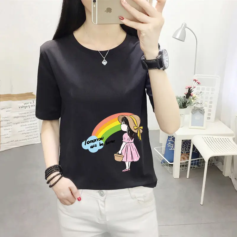 Women Pink Cute Dog Print T-Shirt Loose Large - Image 35