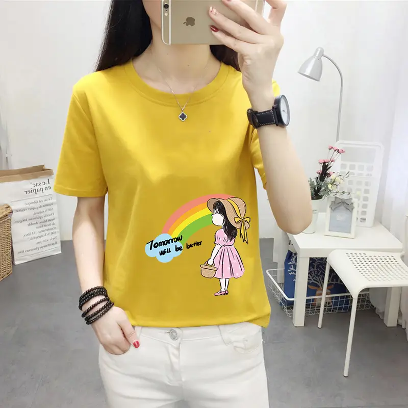 Women Pink Cute Dog Print T-Shirt Loose Large - Image 36