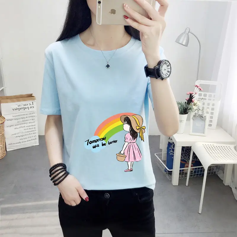 Women Pink Cute Dog Print T-Shirt Loose Large - Image 37