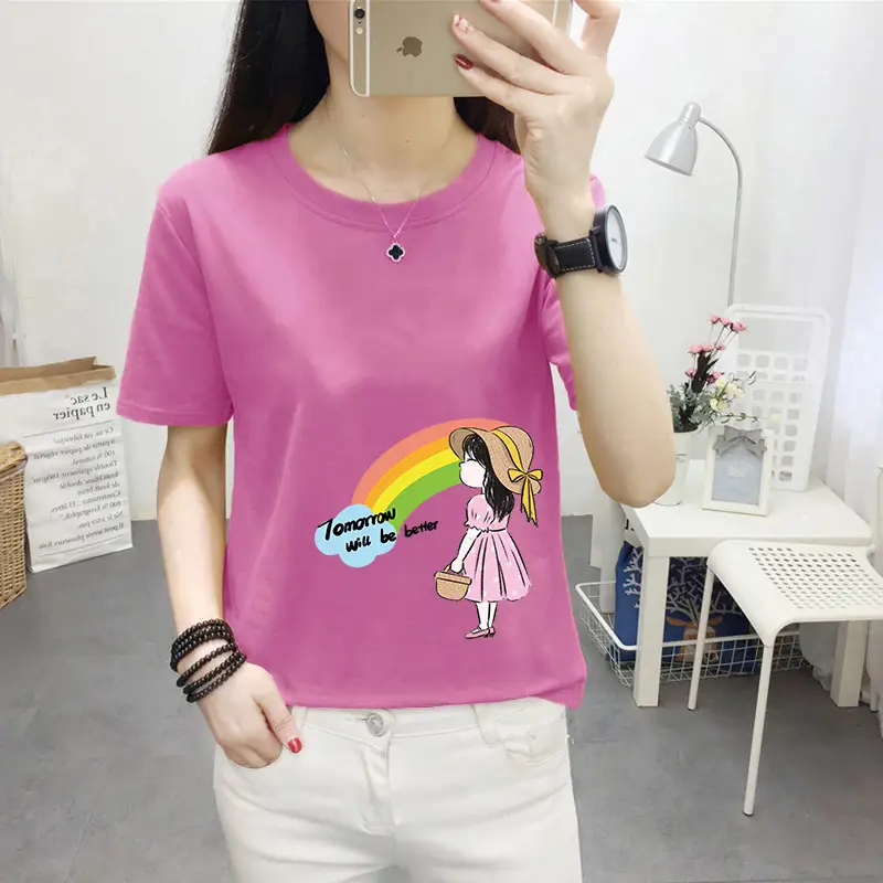 Women Pink Cute Dog Print T-Shirt Loose Large - Image 39