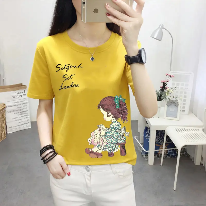 Women Pink Cute Dog Print T-Shirt Loose Large - Image 4