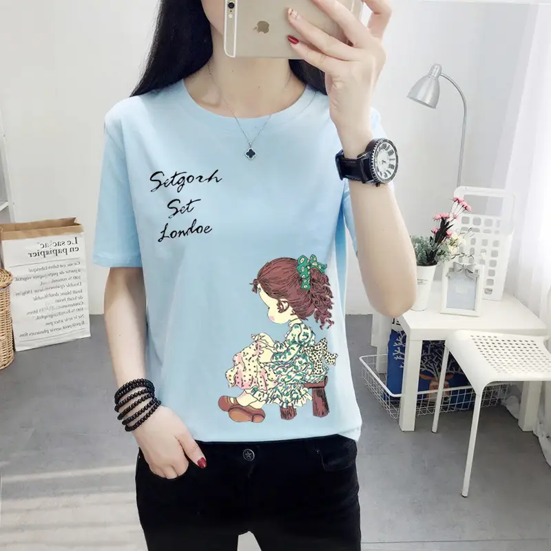 Women Pink Cute Dog Print T-Shirt Loose Large - Image 5