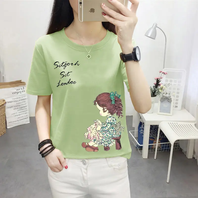 Women Pink Cute Dog Print T-Shirt Loose Large - Image 6