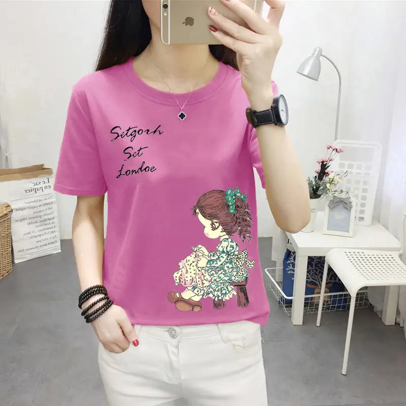 Women Pink Cute Dog Print T-Shirt Loose Large - Image 7