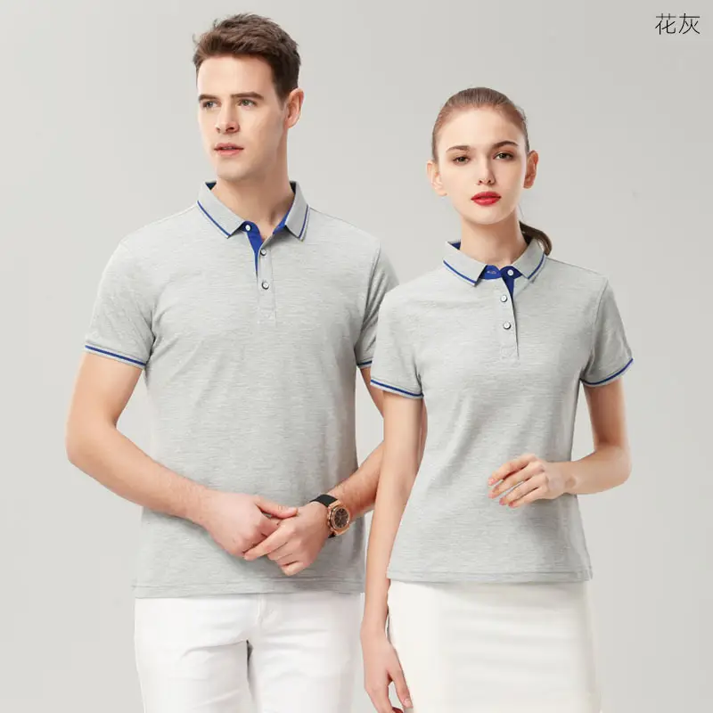 Men & Women Cotton Polo Shirt Grey Blue Embroidered