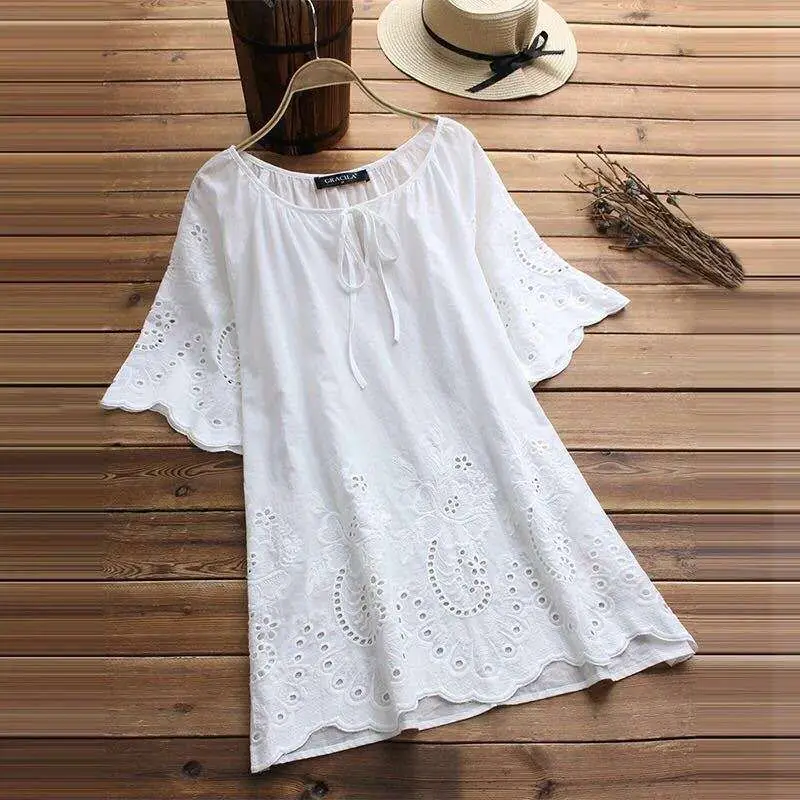 White Cotton V-Neck Loose Fitting Women's Shirt