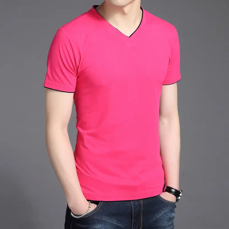 Men V-neck Pink Slim Fit T-Shirt - Image 6