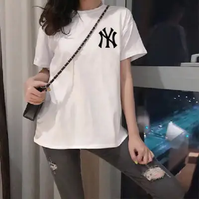 Women Black NY Logo T-Shirt Mid Length Loose Fit - Image 2