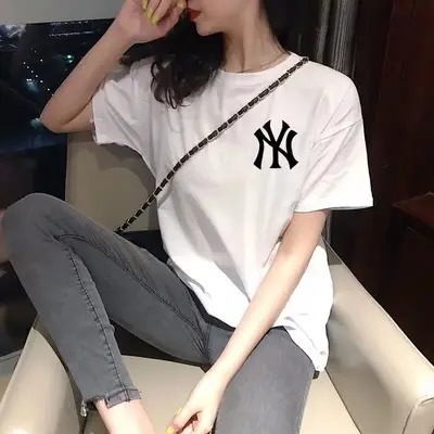 Women Black NY Logo T-Shirt Mid Length Loose Fit - Image 3