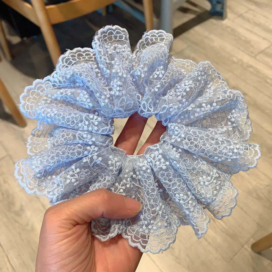 Blue Lace Embroidered Wave Bow Hair Ring - Image 3