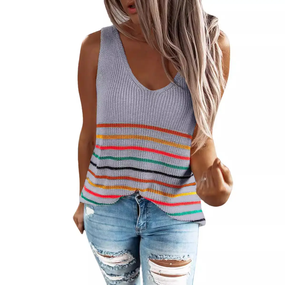 Women Multi Color Striped Knitted V-Neck T-Shirt - Image 6