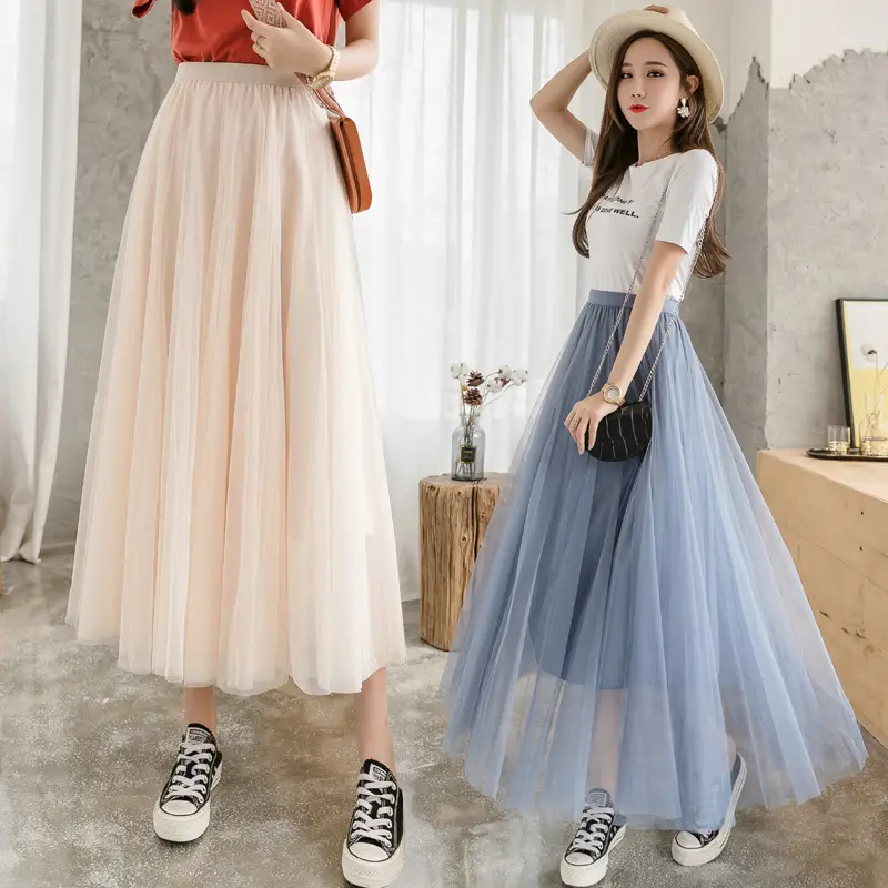 Blue Mesh A-Line Skirt for Women Mid-Length Swing Dress