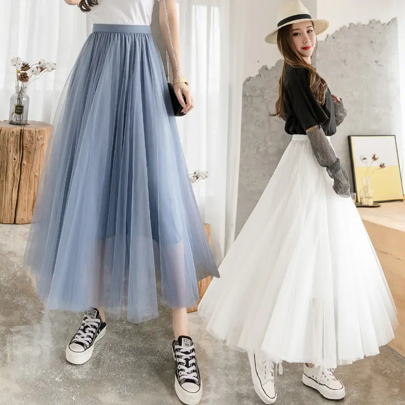 Blue Mesh A-Line Skirt for Women Mid-Length Swing Dress