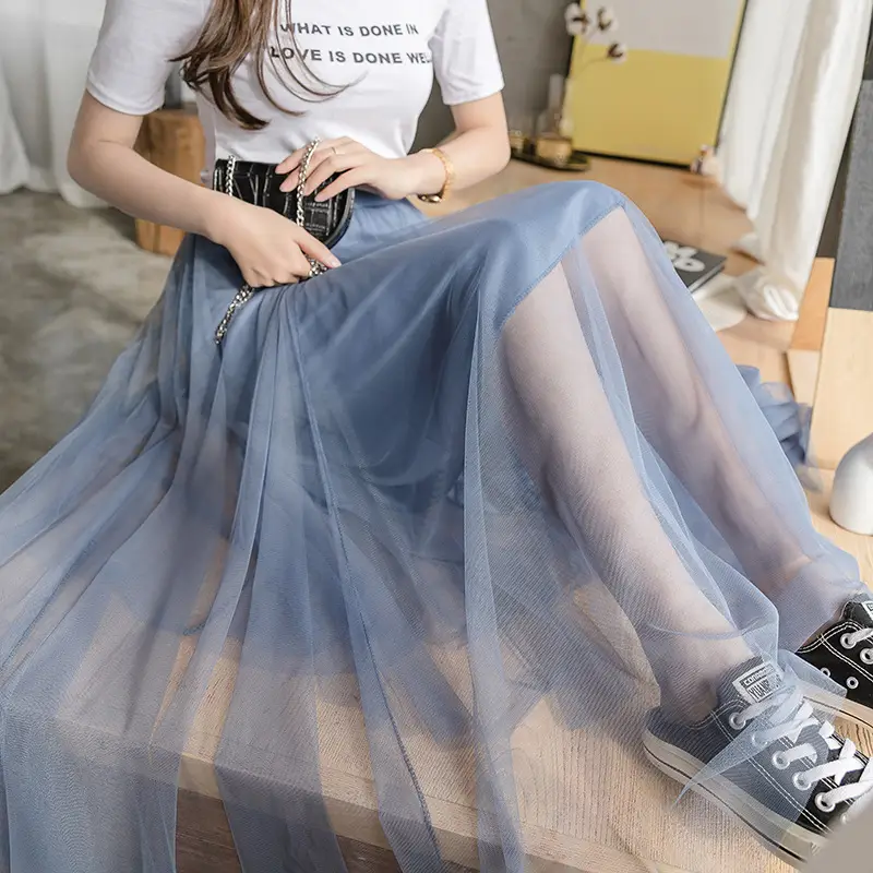 Blue Mesh A-Line Skirt for Women Mid-Length Swing Dress