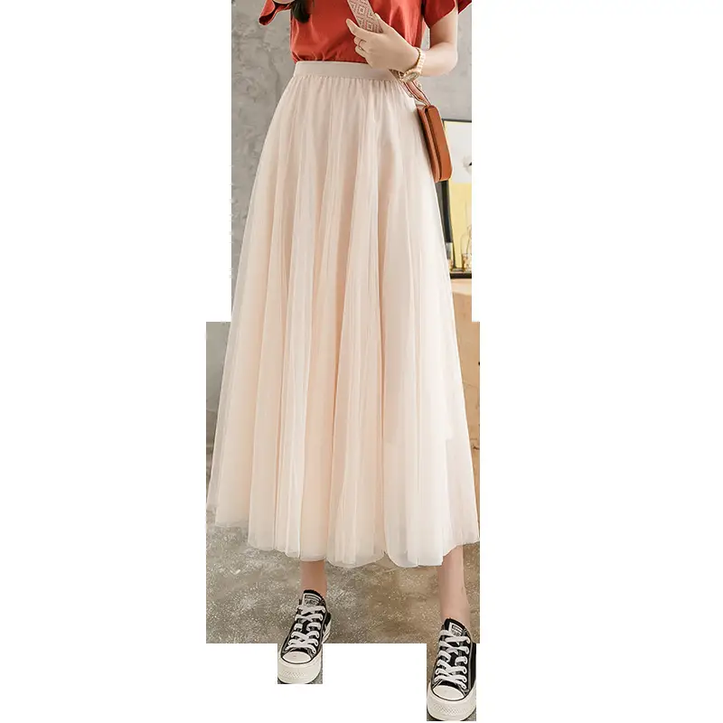 Blue Mesh A-Line Skirt for Women Mid-Length Swing Dress
