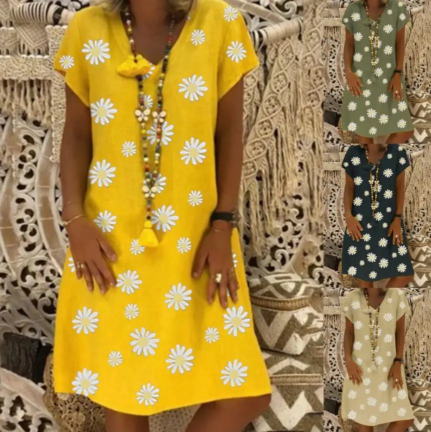 Yellow Daisy Print V Collar Dress for Women - Image 4