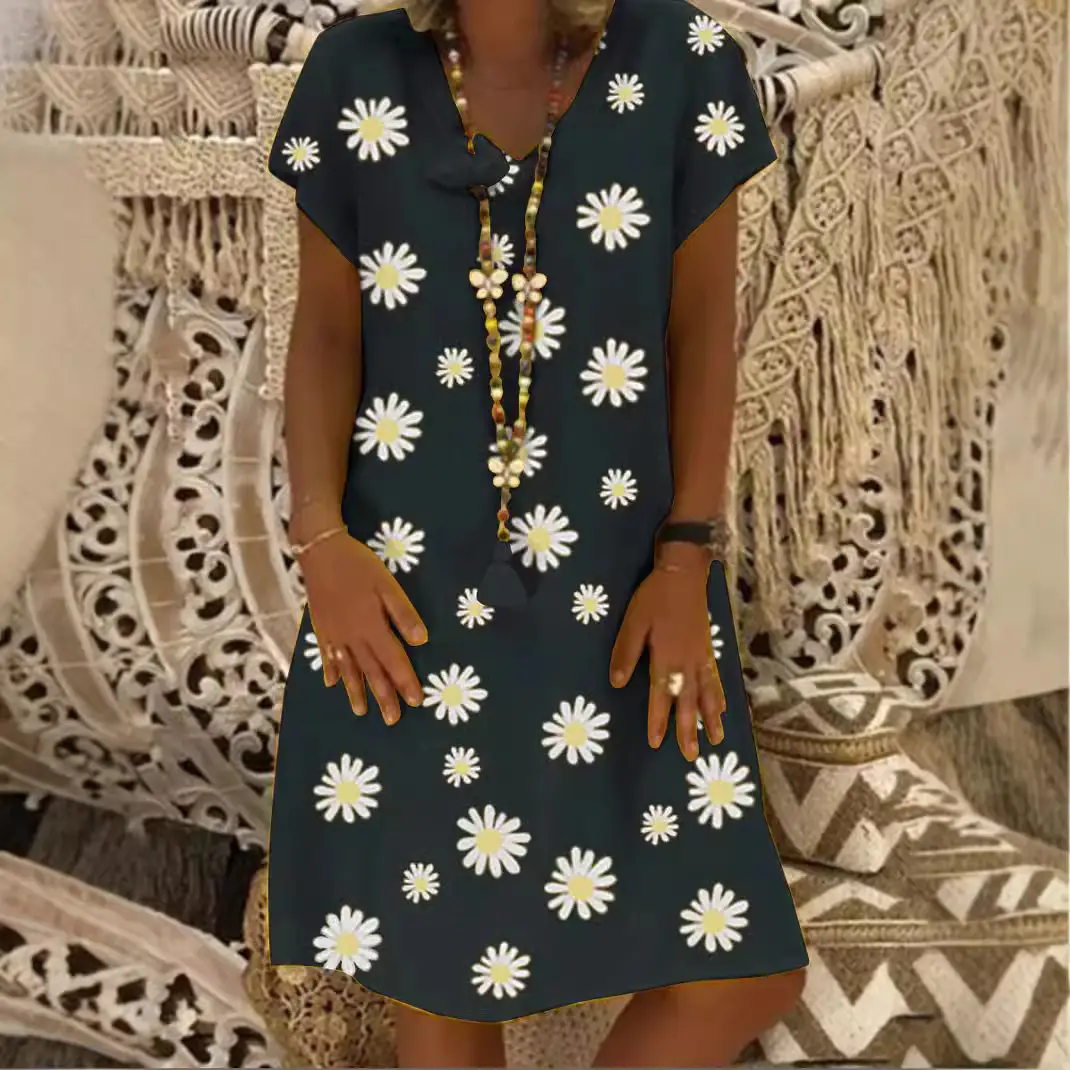 Yellow Daisy Print V Collar Dress for Women - Image 5