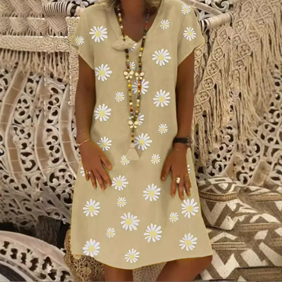 Yellow Daisy Print V Collar Dress for Women - Image 6