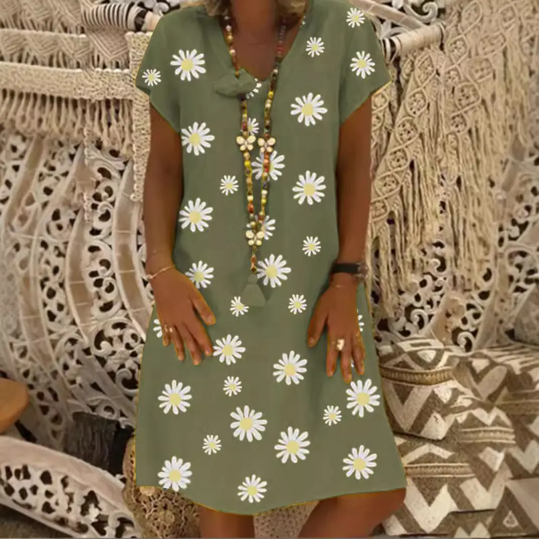 Yellow Daisy Print V Collar Dress for Women - Image 7