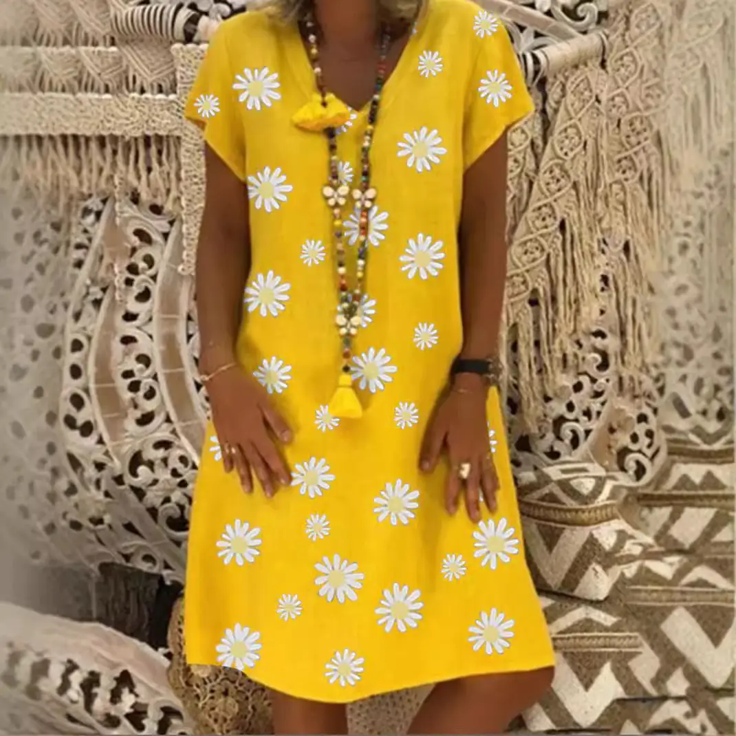 Yellow Daisy Print V Collar Dress for Women - Image 8