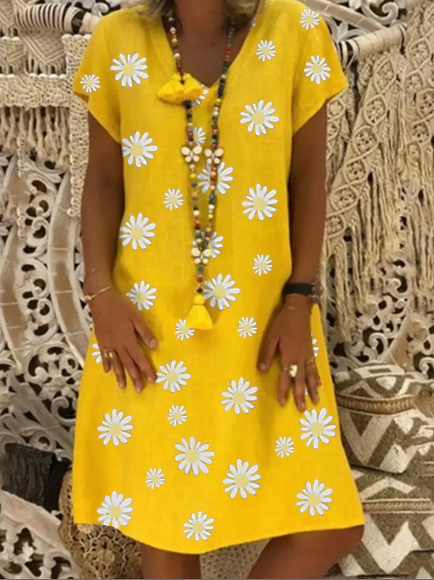 Yellow Daisy Print V Collar Dress for Women - Image 2