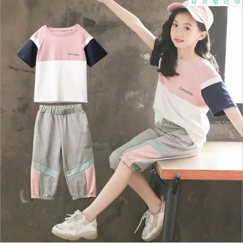 Girls Suit 2025 New Summer Style Internet Celebrity Short-Sleeved Summer Suit Medium and Large Children's Pure Cotton Trendy Medium Pants Two-Piece Set