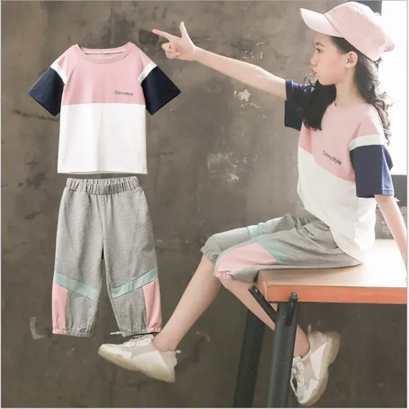 Girls Suit 2025 New Summer Style Internet Celebrity Short-Sleeved Summer Suit Medium and Large Children's Pure Cotton Trendy Medium Pants Two-Piece Set
