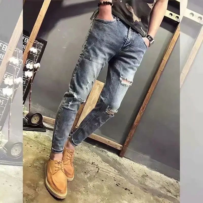 Men Ripped Slim Fitting Jeans Light Blue Korean Style - Image 3