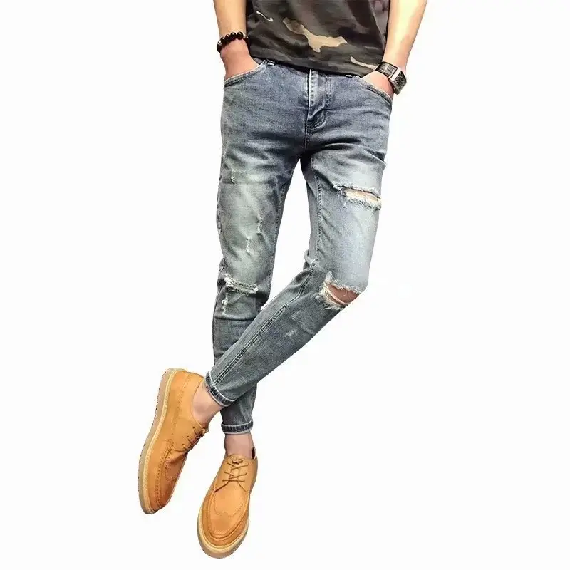 Men Ripped Slim Fitting Jeans Light Blue Korean Style - Image 5