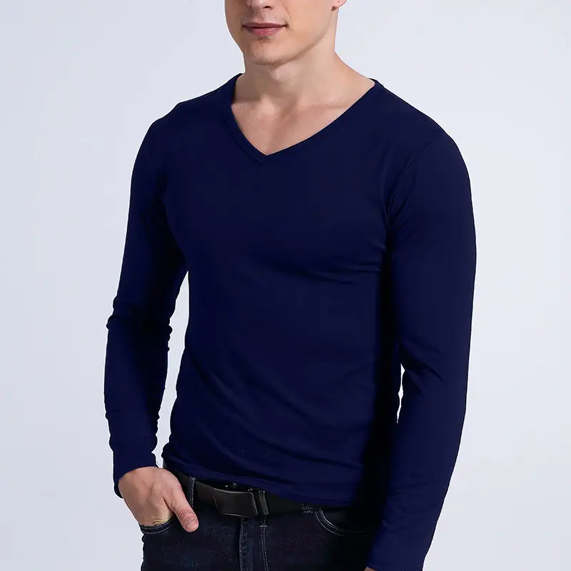 Men's V-Neck Long Sleeve T-Shirt Grey - Image 7